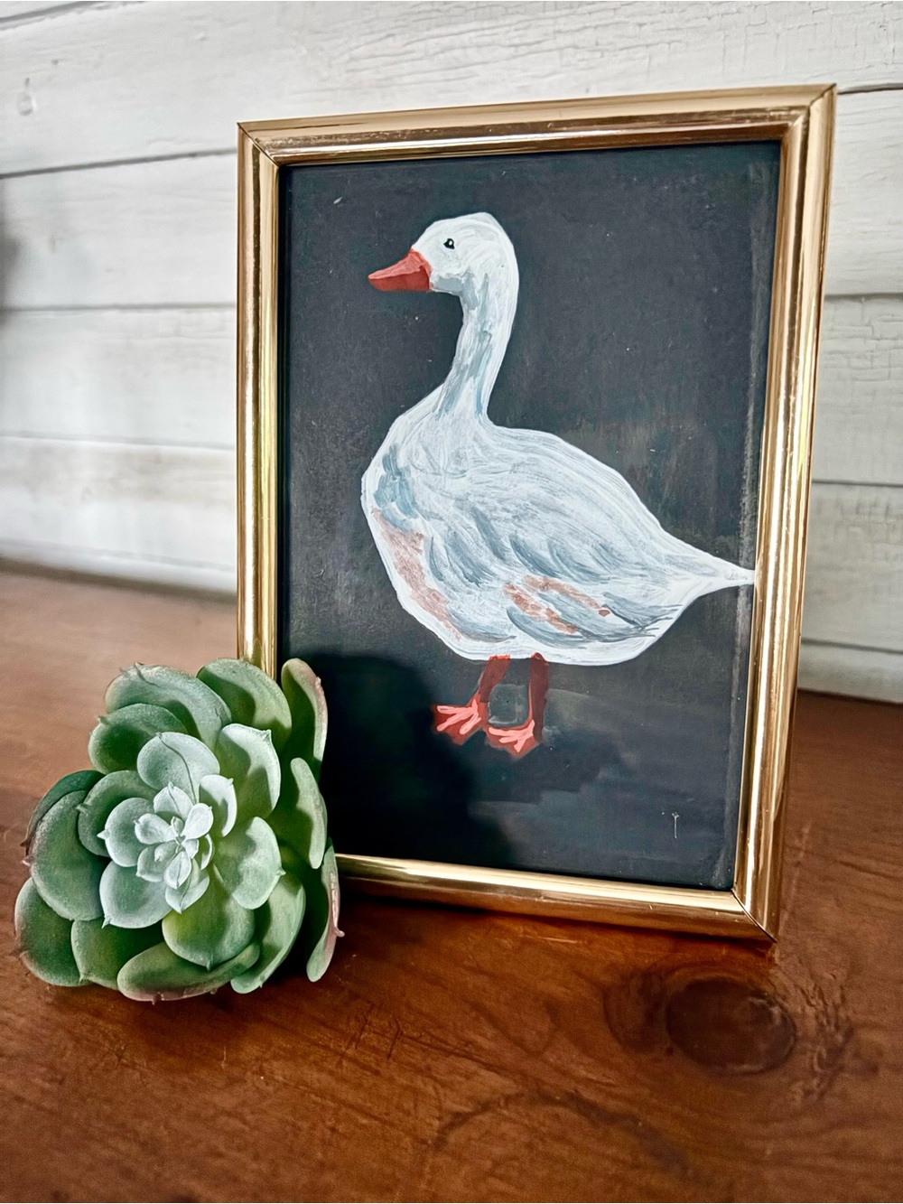 Original Artwork Framed Duck Gouache Painting with 5 by 7 Gold Frame